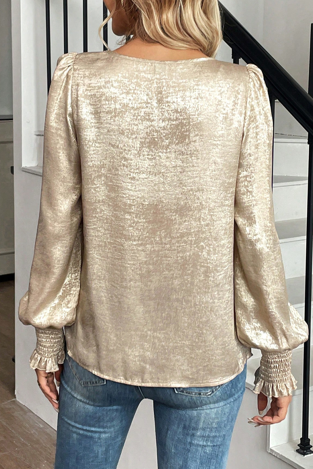 Apricot Metallic Round Neck Smocked Long Sleeve Blouse - loveforevers