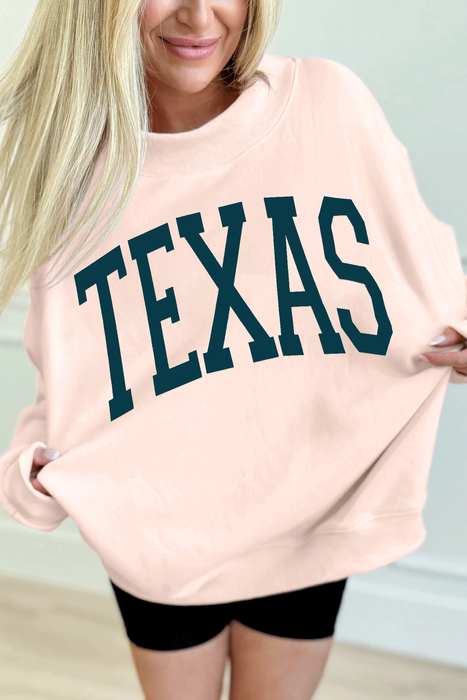 Apricot Pink TEXAS Letter Printed Mock Neck Baggy Sweatshirt - loveforevers