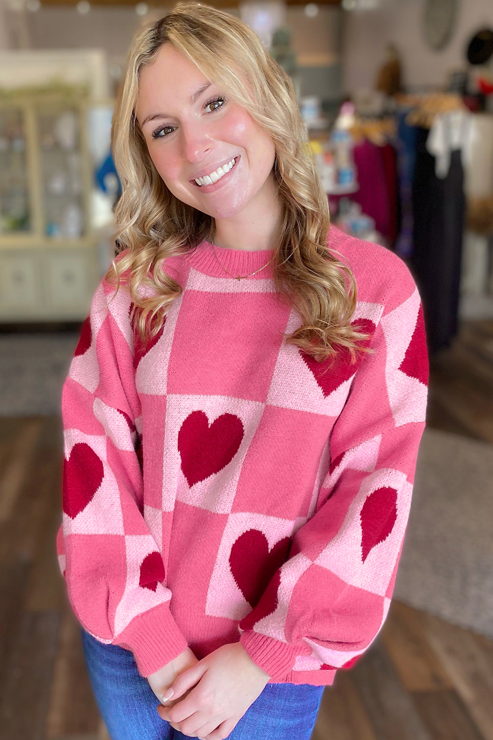 Pink Love Heart Checkered Valentine Crew Neck Sweater - loveforevers