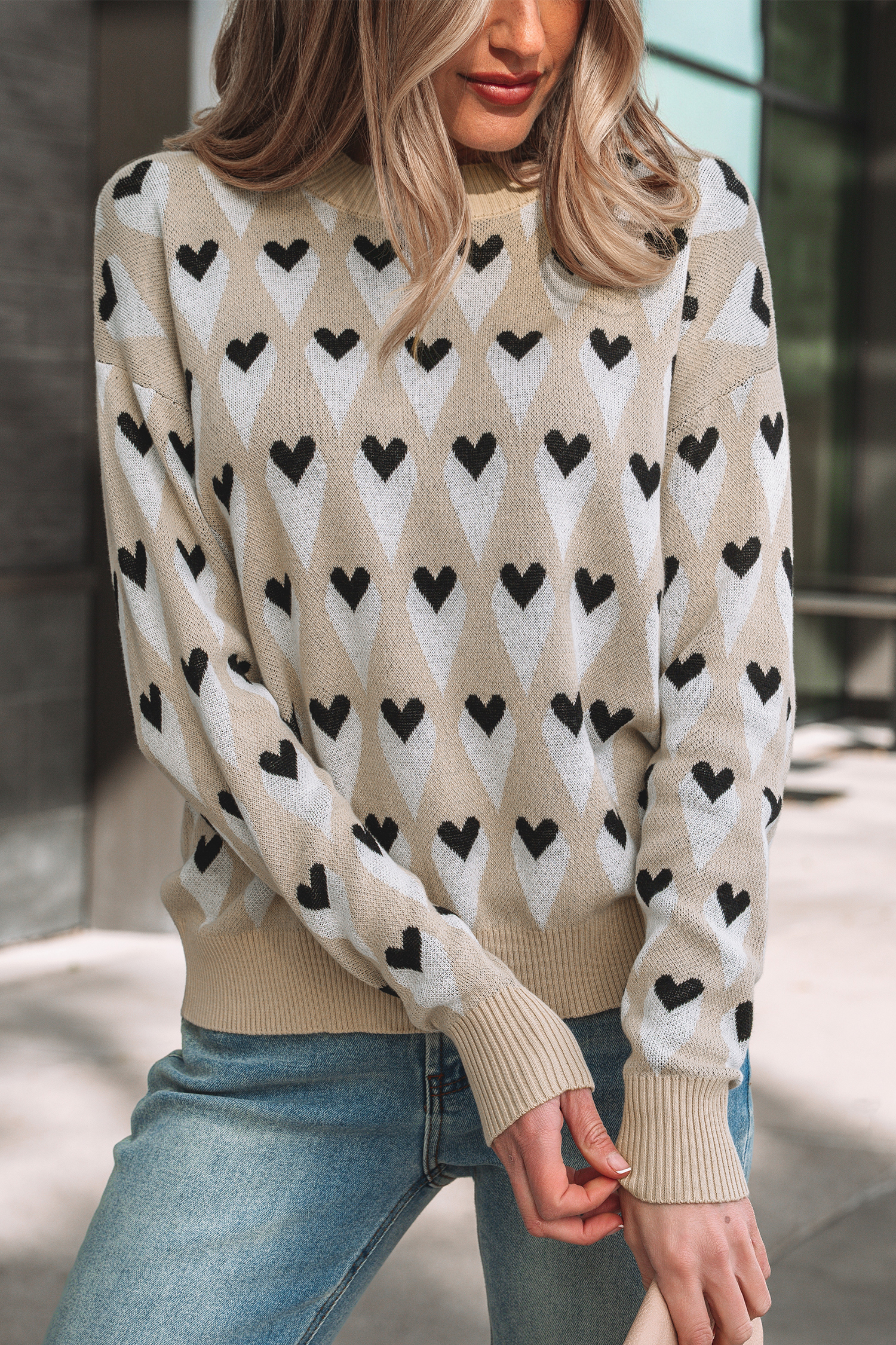 Parchment Geometric Heart Print Ribbed Trim Loose Sweater - loveforevers