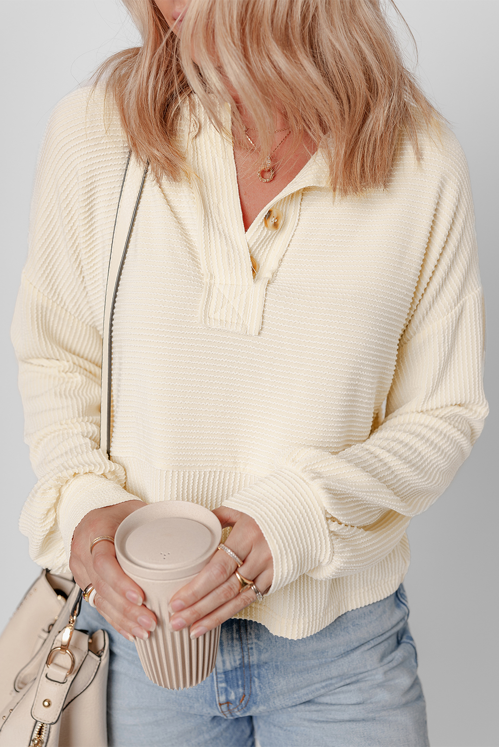 Apricot Corded Texture Lantern Sleeve Buttons Henley Sweatsuit - loveforevers