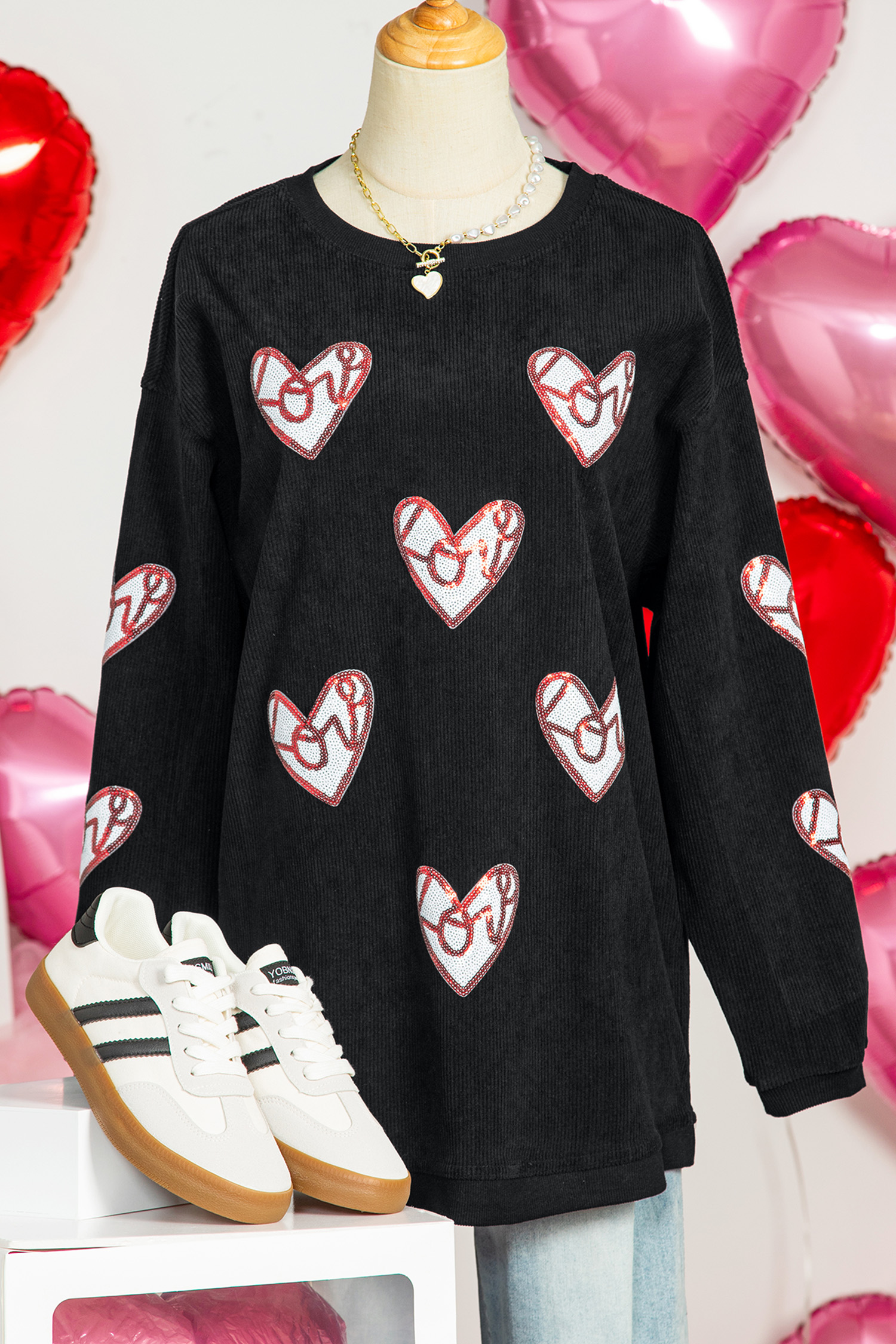 Black Corded Ribbed Love Heart Sequin Patched Graphic Sweatshirt - loveforevers