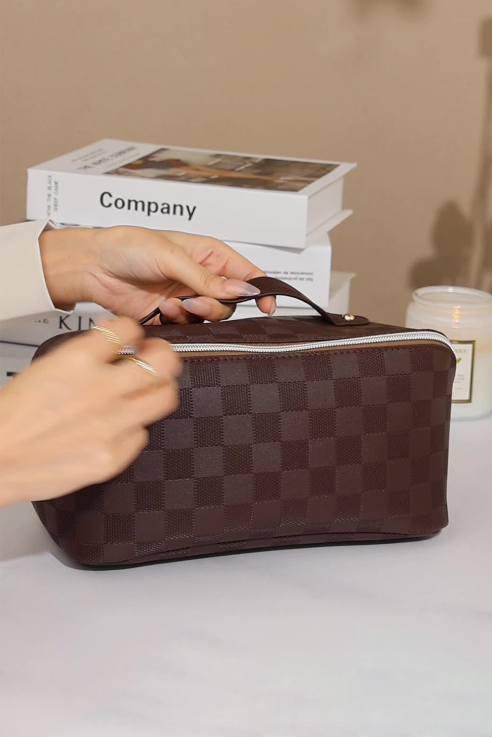 Chestnut Checkered Zipper Handle PU Leather Travel Makeup Bag - loveforevers