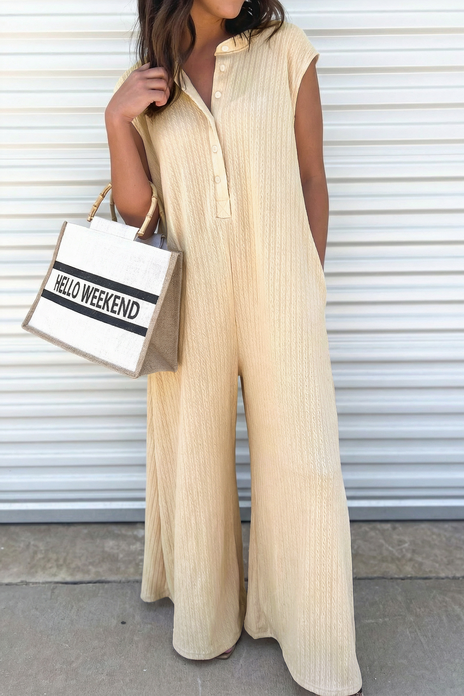 Jet Stream Half Buttons Ribbed Knit Wide Leg Jumpsuit - loveforevers