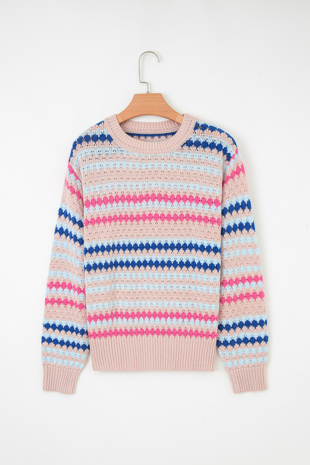 Brown Stripe Eyelet Patterned Drop Shoulder Sweater - loveforevers