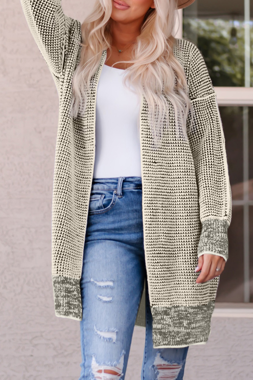Apricot Plaid Knitted Long Open Front Cardigan - loveforevers
