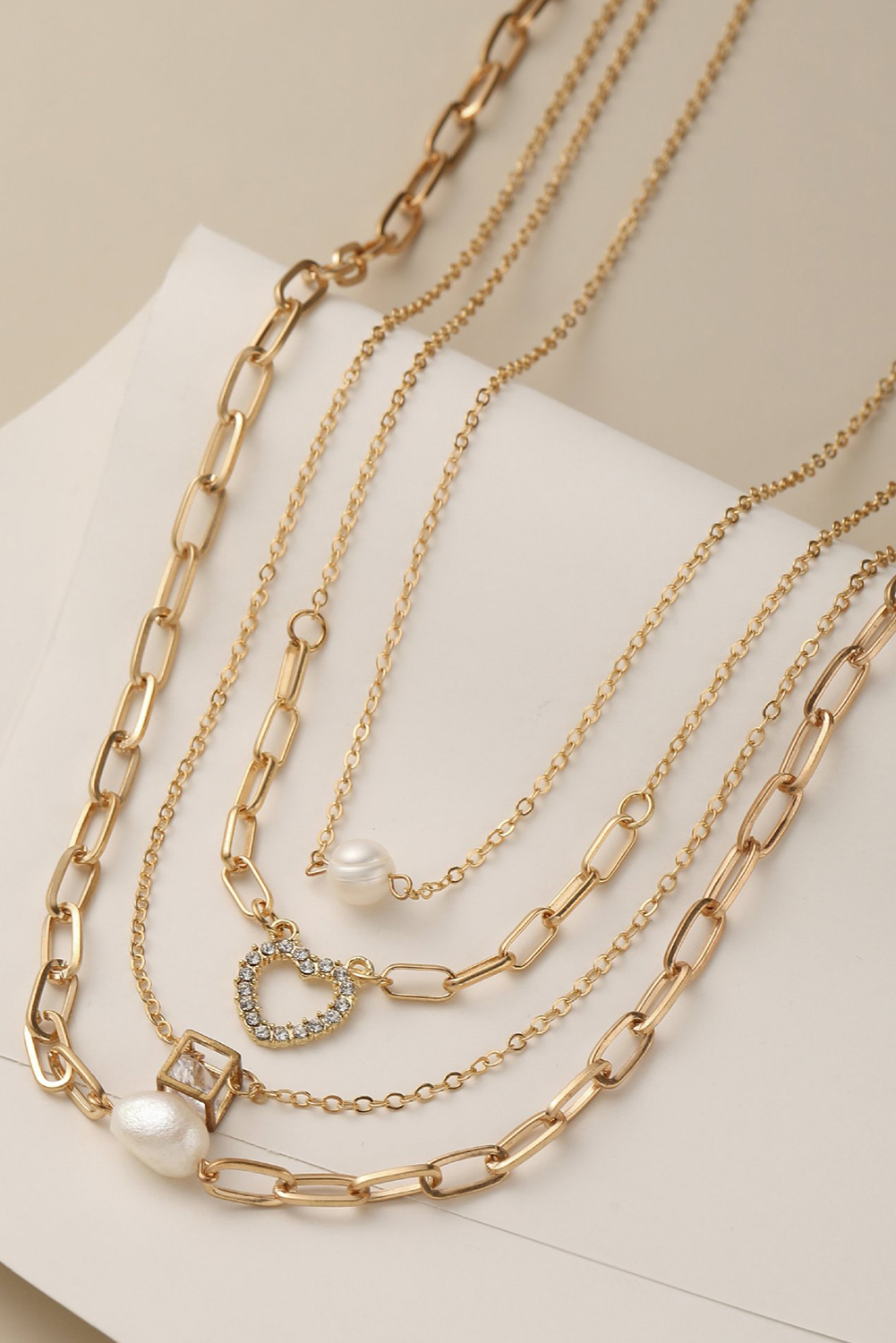 Gold 4pcs Pearl Cube Heart Pendant Plated Necklace Set - loveforevers
