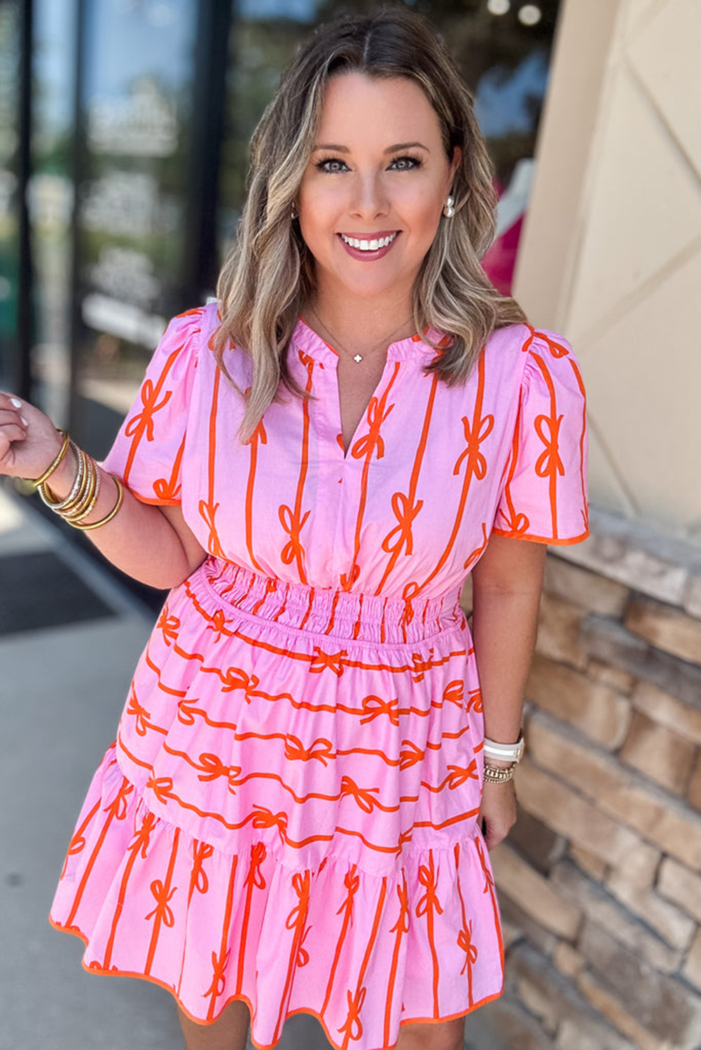 Pink Bowknot Striped Printed Bubble Sleeve Buttoned Belted Mini Dress - loveforevers
