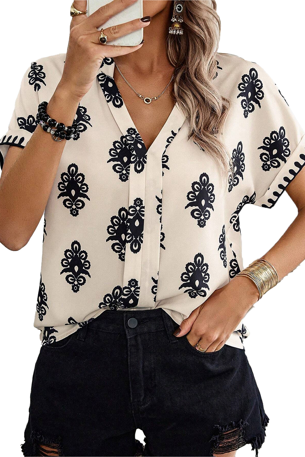 Beige Geometric Printed Sleeveless Hollowed Bowknot Back Mini Dress - loveforevers