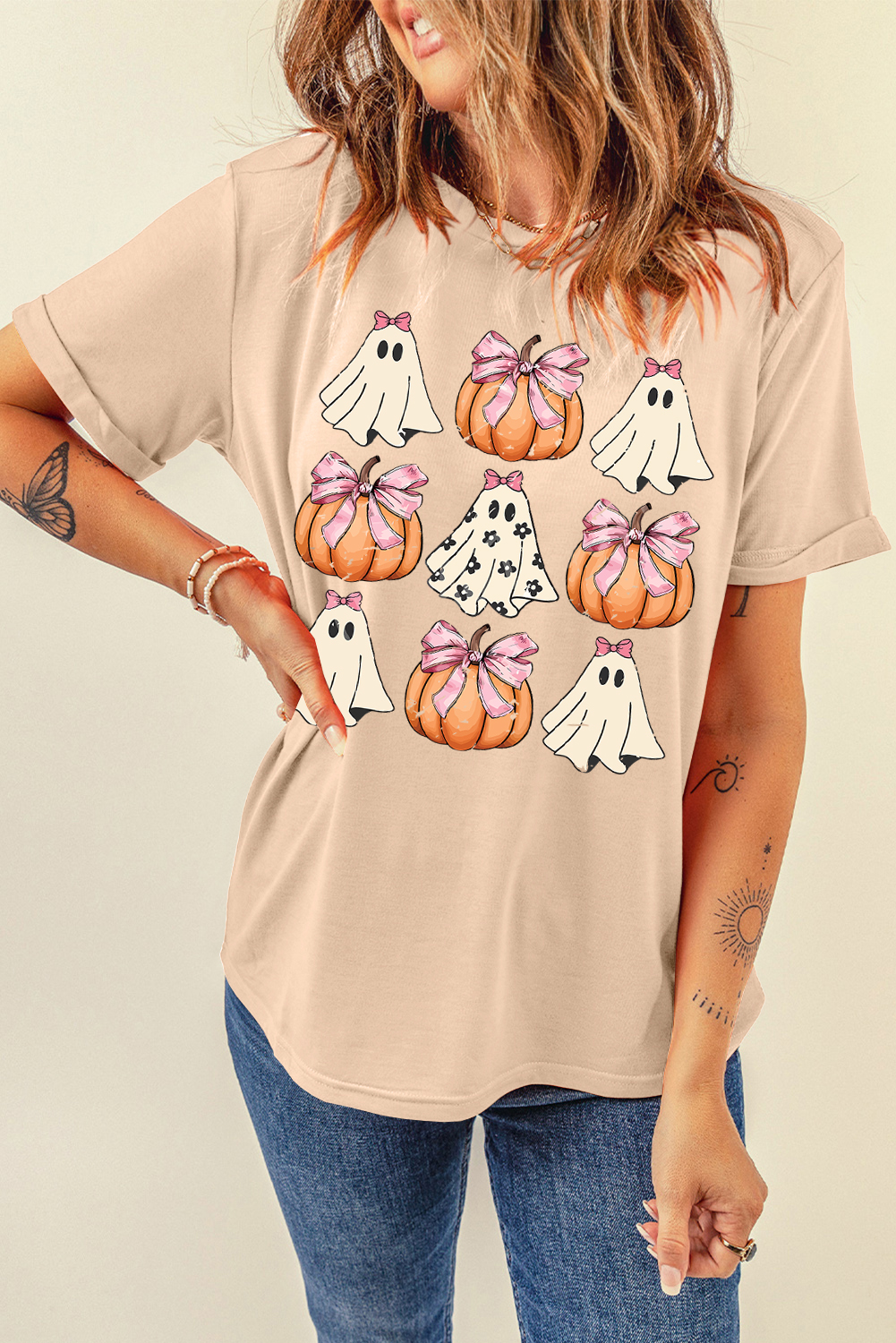 Khaki Bowknot Ghost Pumpkin Graphic Halloween T Shirt - loveforevers