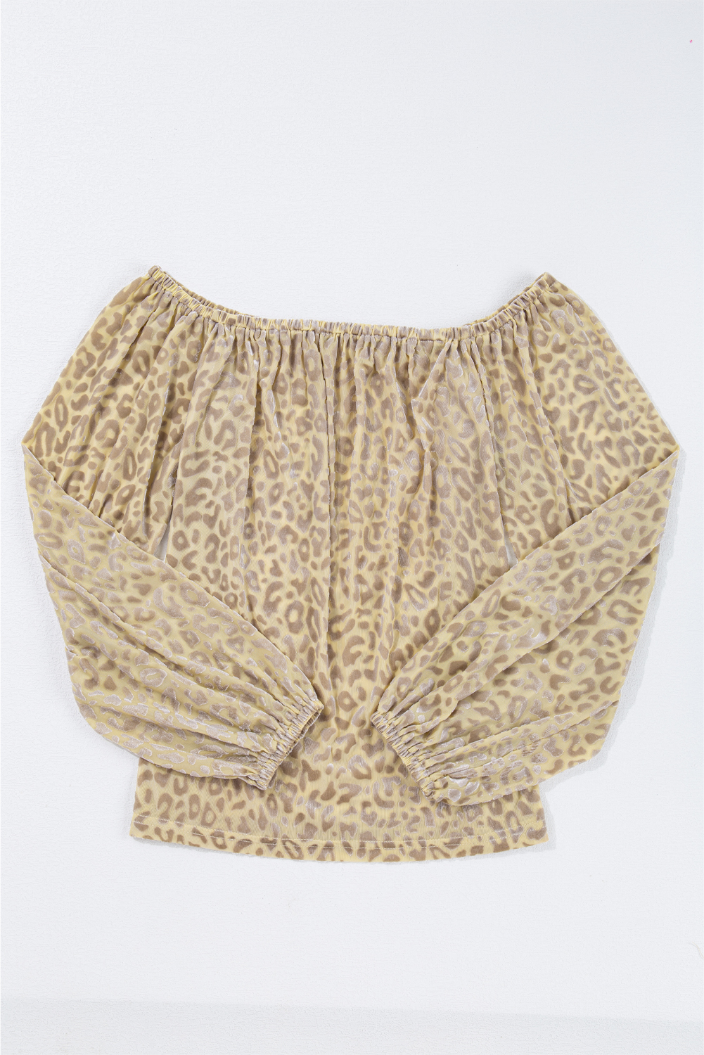 Beige Leopard Velvet Burnout Off Shoulder Long Sleeve Blouse - loveforevers