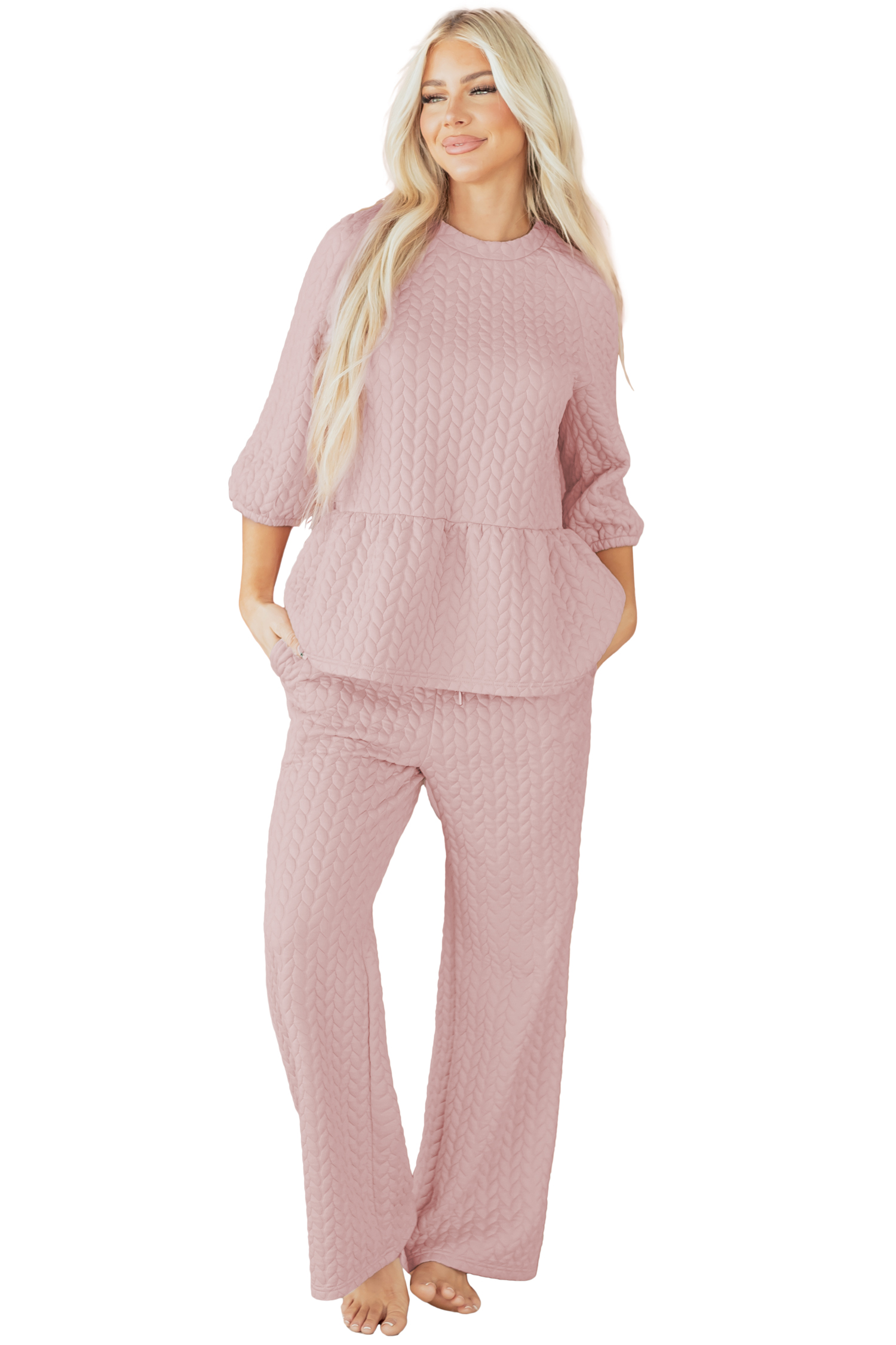 Delicacy Braided Texture Ruffle Hem Top Drawstring Loose Pants Set - loveforevers