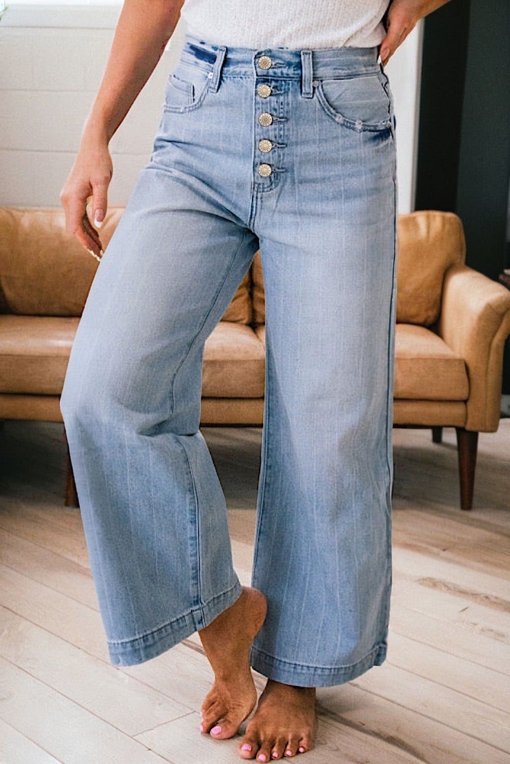 Beau Blue Multi Buttons Pinstripe Wide Leg Jeans - loveforevers