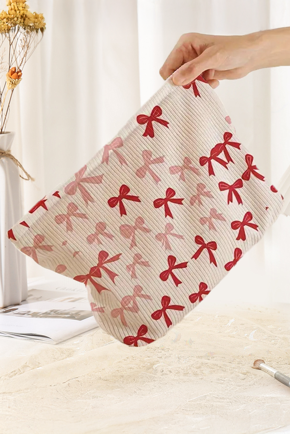 Fiery Red Bows Print Zipped Corduroy Makeup Storage Bag - loveforevers