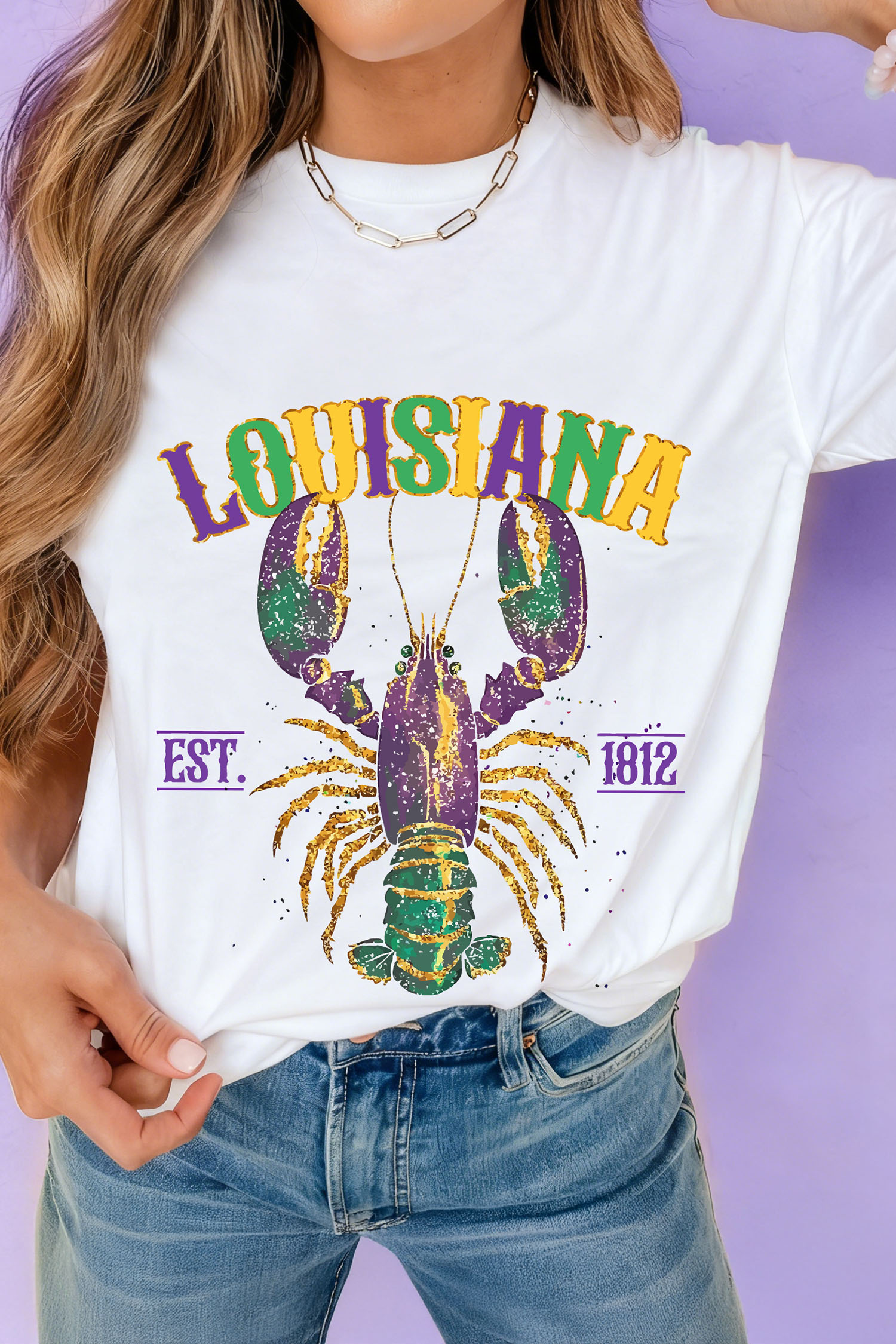White LOUISIANA Mardi Gras Crayfish Printed Casual T Shirt - loveforevers