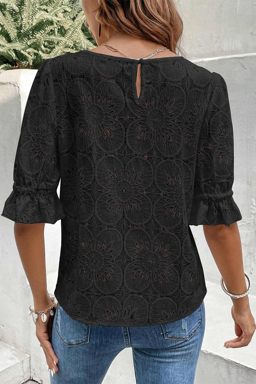 Black Flower Eyelet Jacquard Keyhole Flounce Sleeve Top - loveforevers