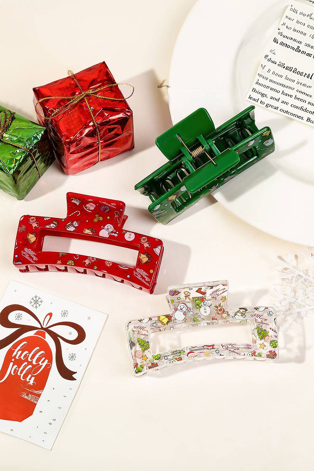 Racing Red Cartoon Christmas Pattern Print Hollow Out Hair Clip - loveforevers