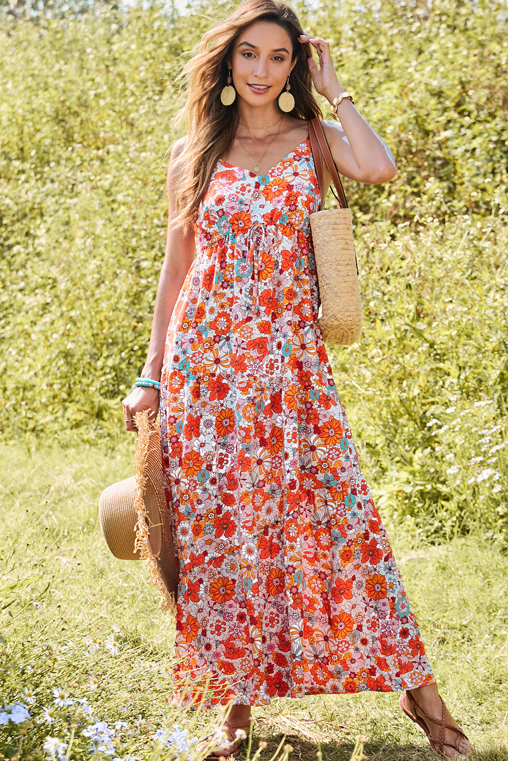 Red Boho Fashion Print Spaghetti Straps Drawstring Maxi Dress - loveforevers