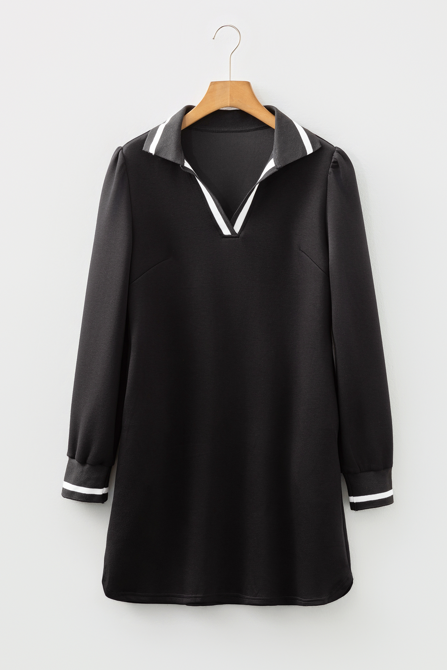 Black Striped Trim V Neck Collared Long Sleeve Shift Mini Dress - loveforevers