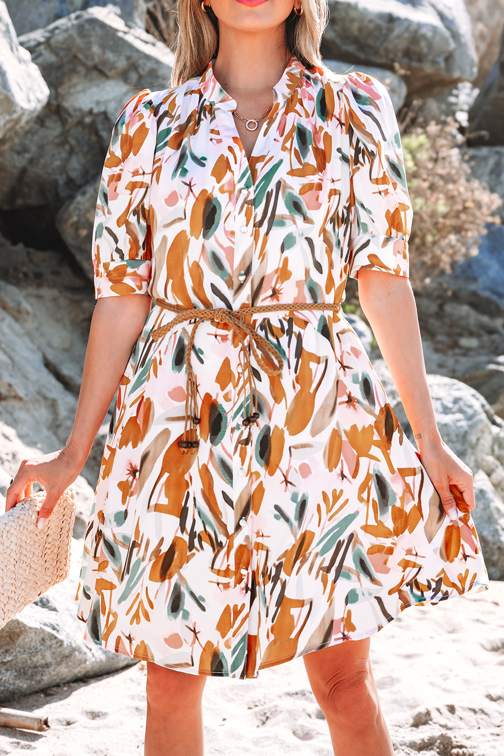 Brown Abstract Printed Puff Sleeve Button Up Braided Belt Mini Dress - loveforevers