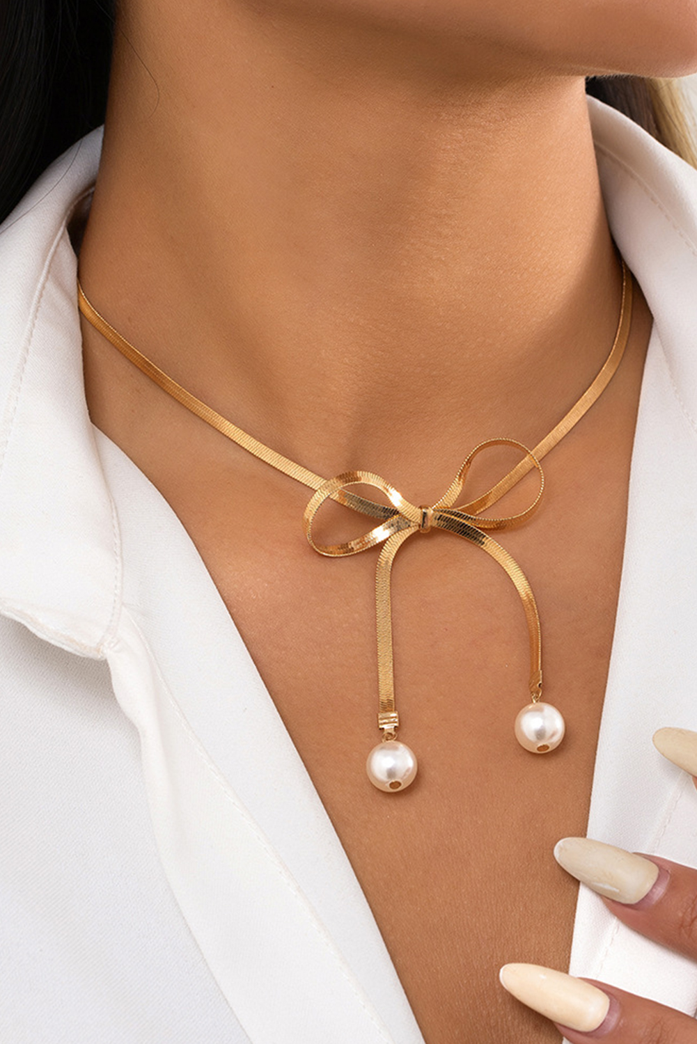 Gold Pearly Bow Plated Collarbone Necklace - loveforevers