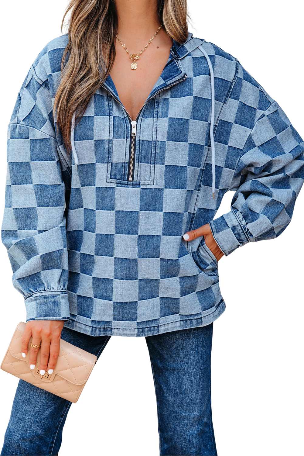 Dark Grey Checkered Denim Wide Leg Jeans - loveforevers