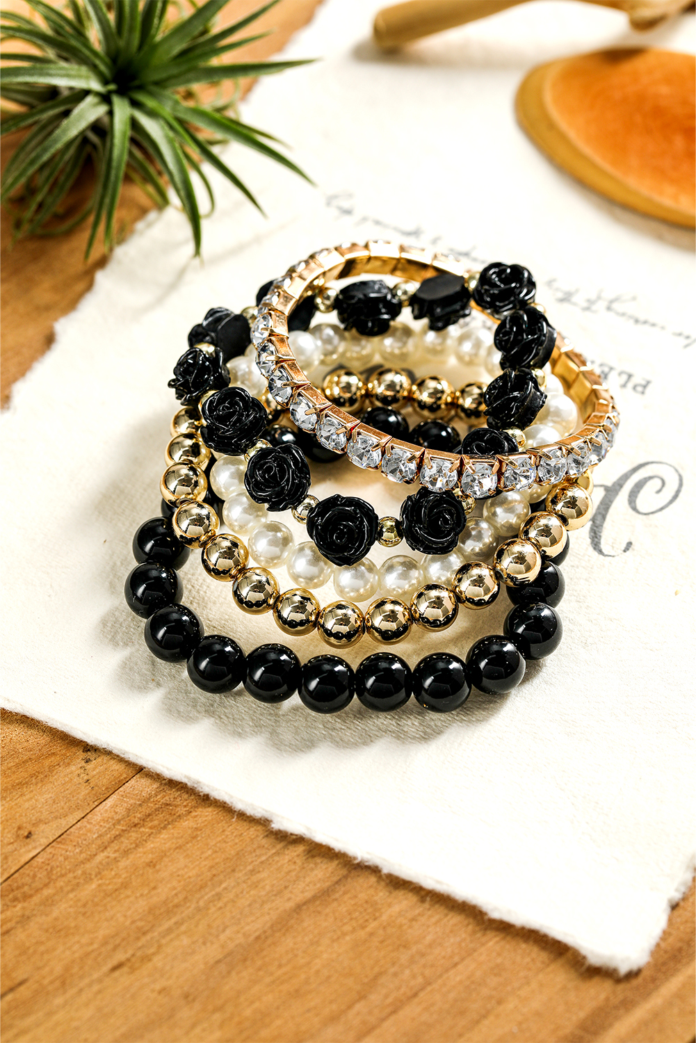 Black Flower Rhinestone Beaded Multi Layer Bracelet Set - loveforevers