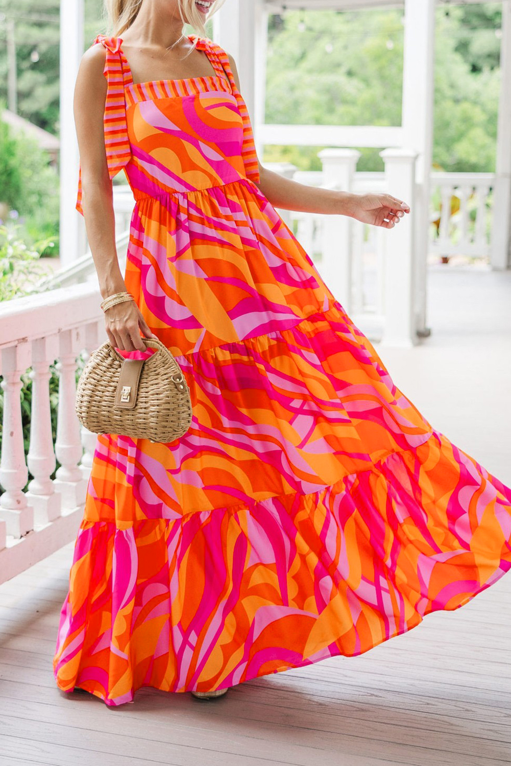Red Abstract Print Knotted Shoulder High Waist Maxi Dress - loveforevers
