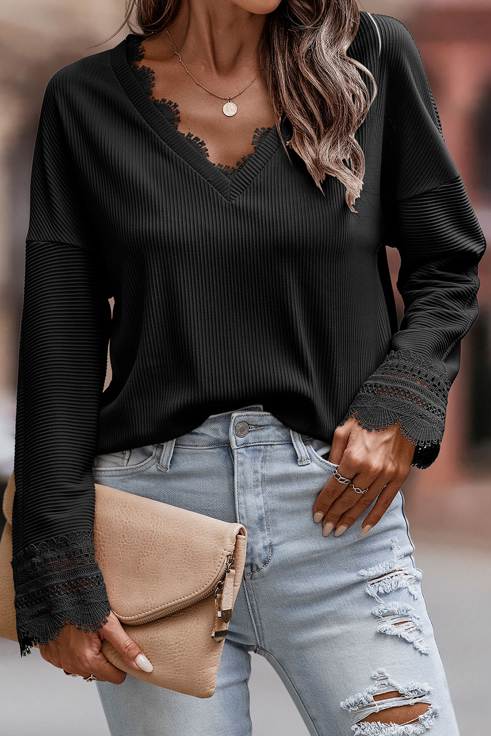 Black Ribbed Texture Lace Trim V Neck Long Sleeve Top - loveforevers