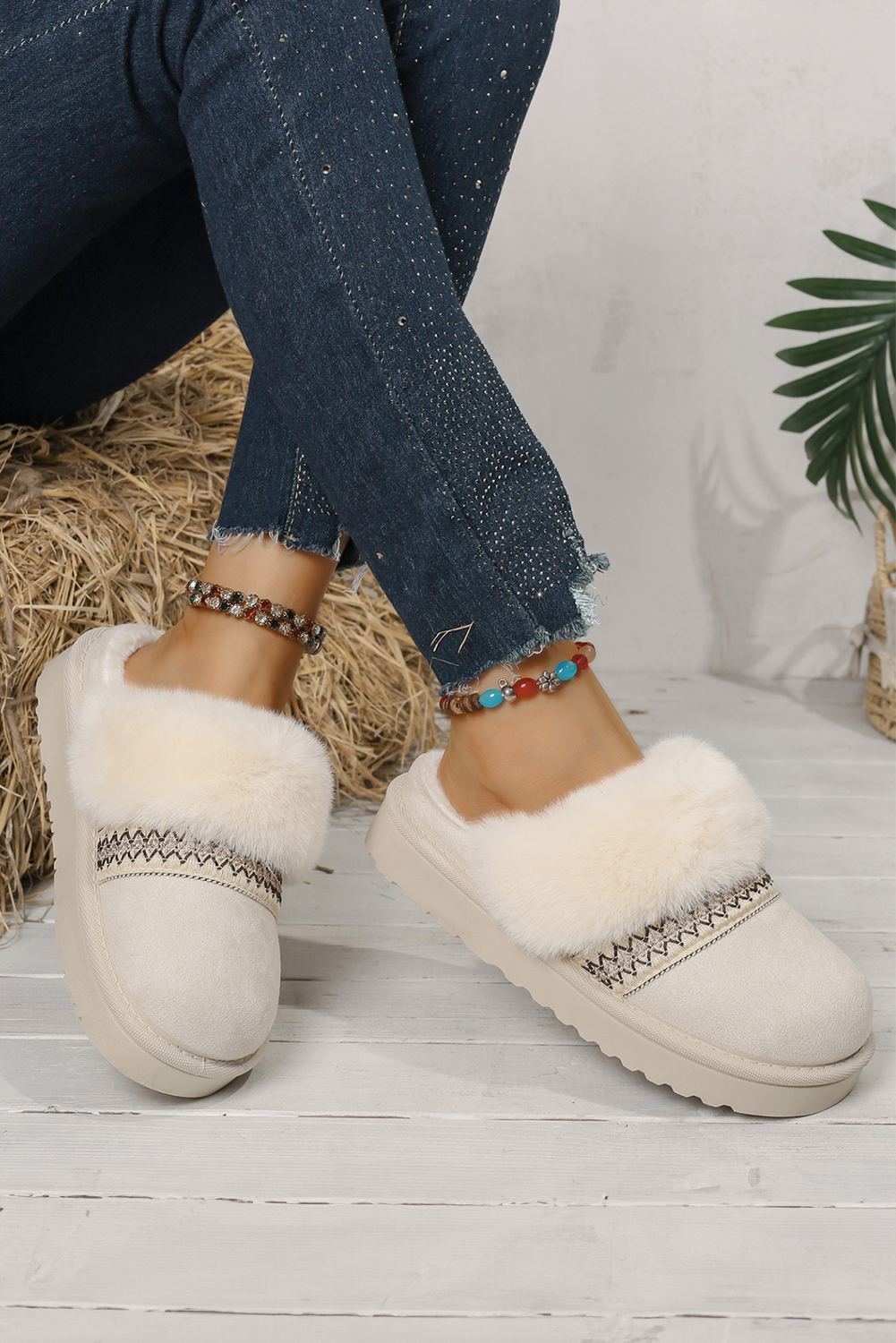 White Faux Suede Plush Trim Ethnic Mule Slippers - loveforevers
