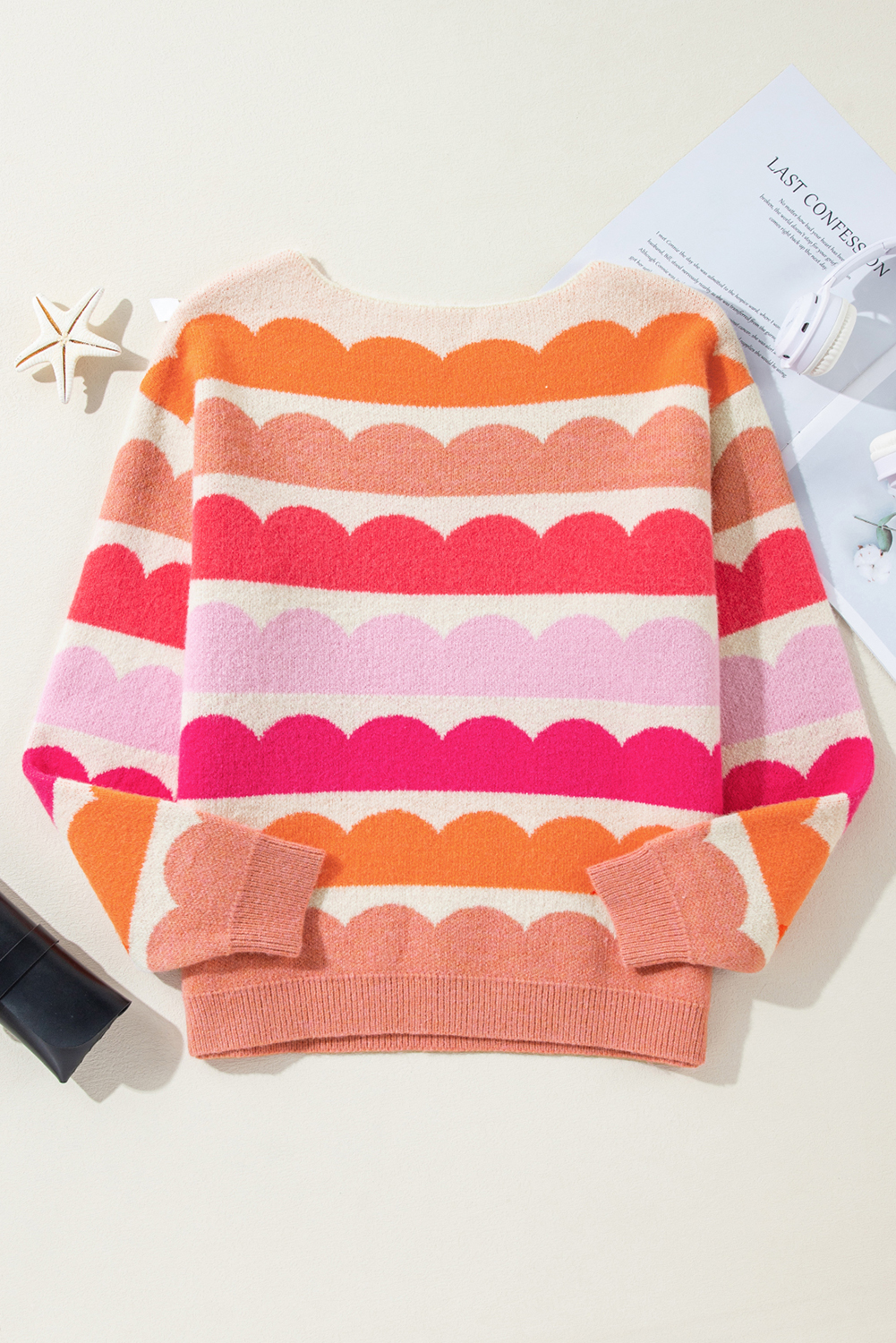 Rose Red Wave Striped Balloon Sleeve Drop Shoulder Sweater - loveforevers