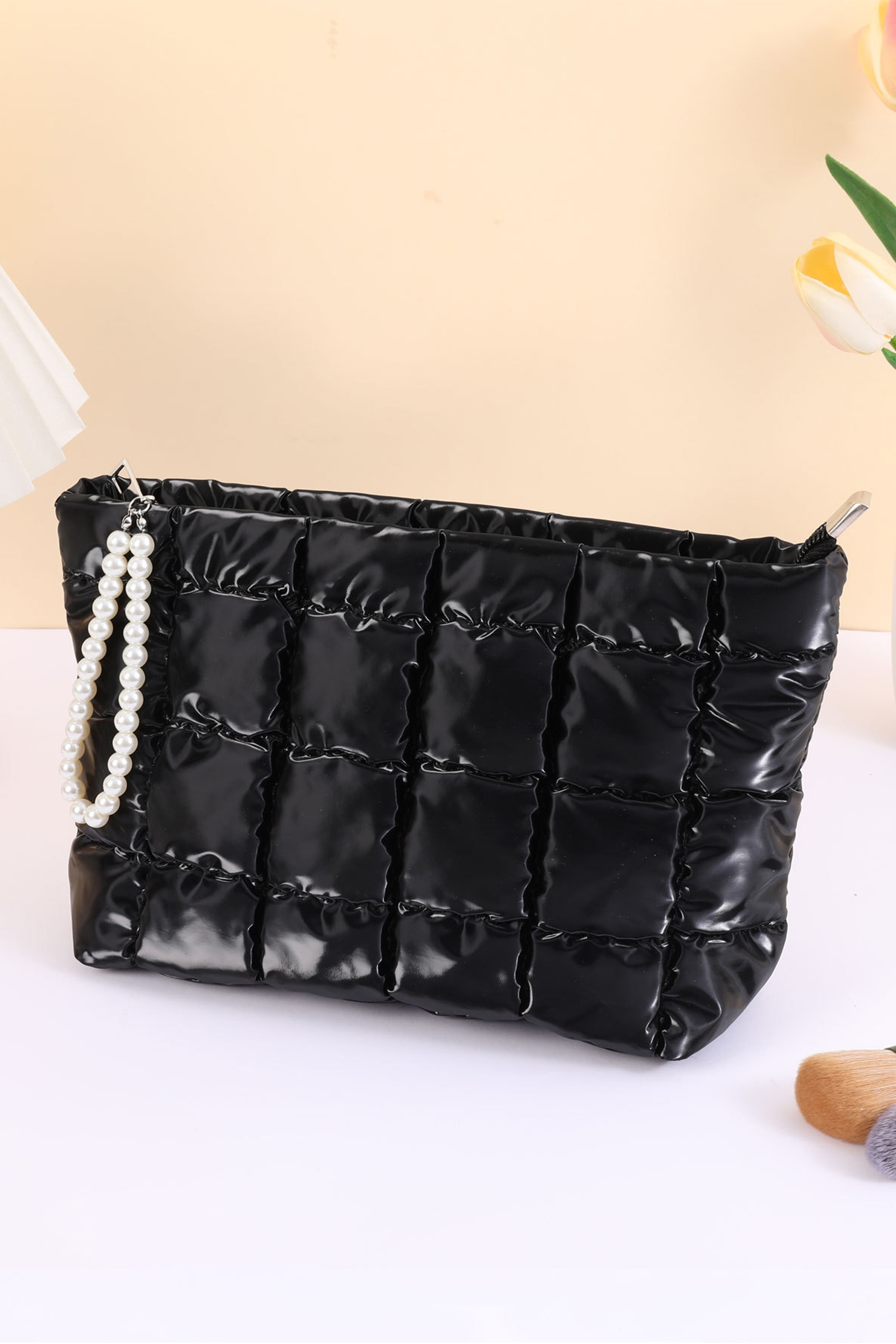 Color black PU Leather Quilted Texture Pearl Chain Zip Makeup Bag - loveforevers