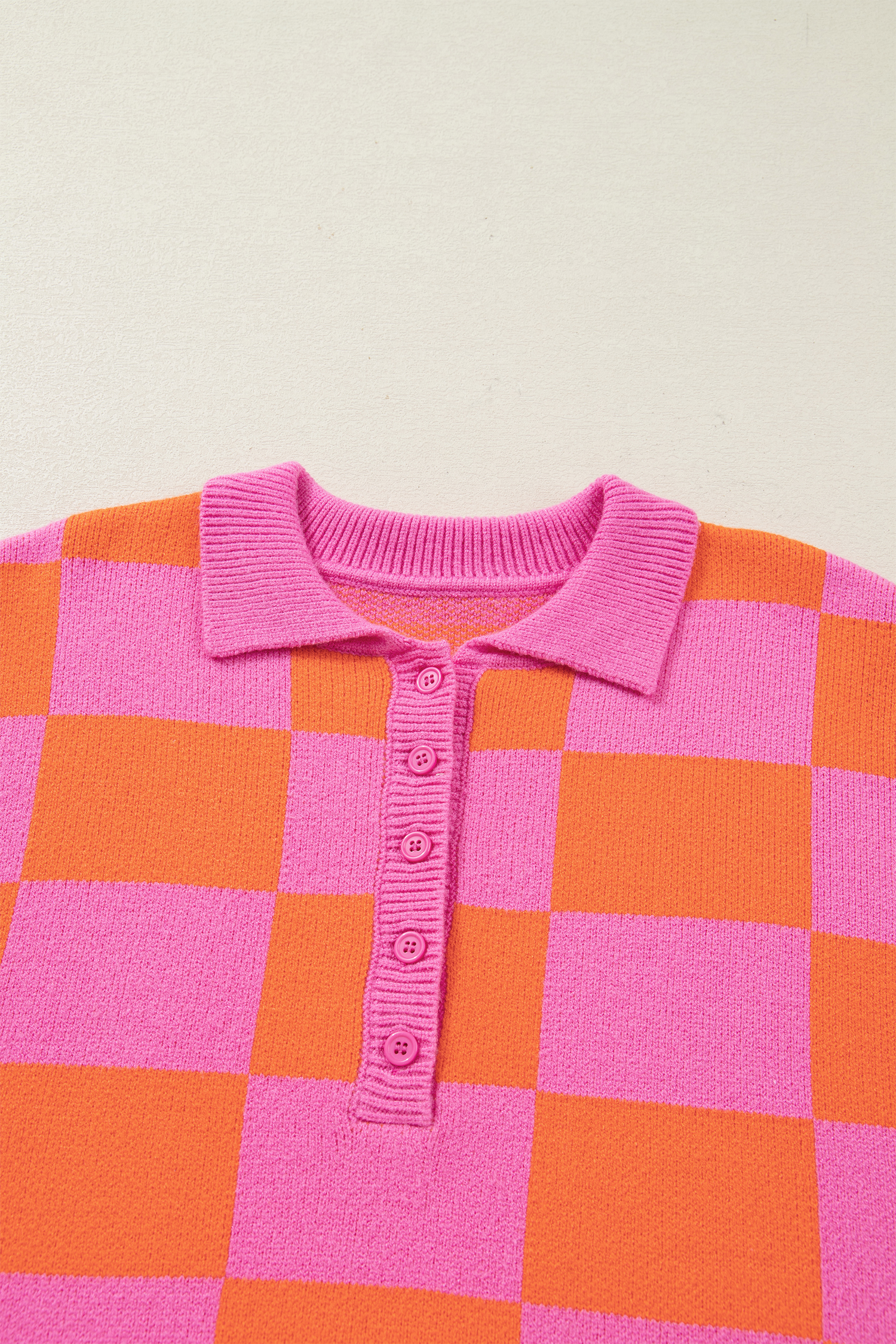 Sachet Pink Checkered Knit Polo Collar Baggy Sweater - loveforevers