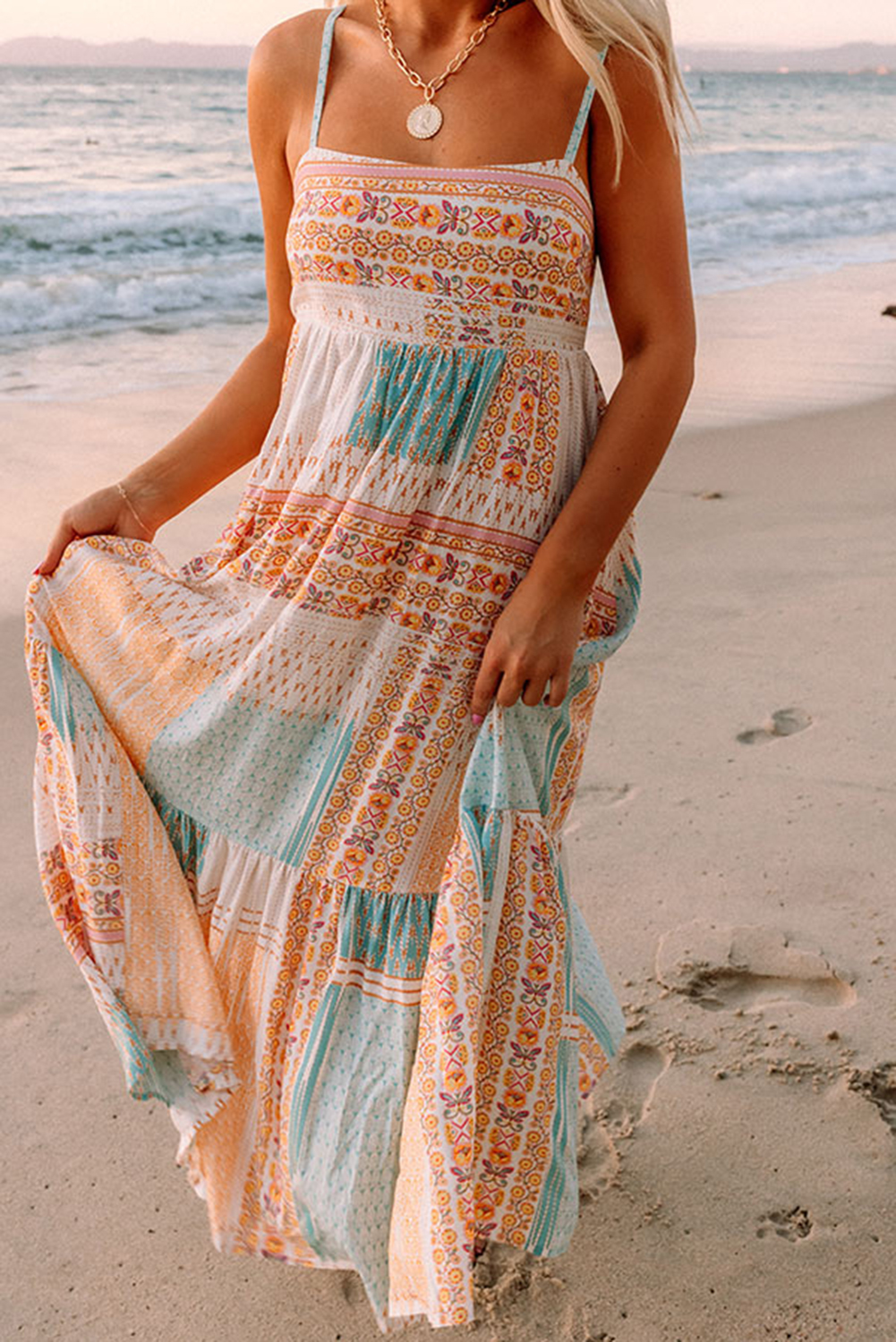 Multicolor Boho Patchwork Print Square Neck Sundress - loveforevers