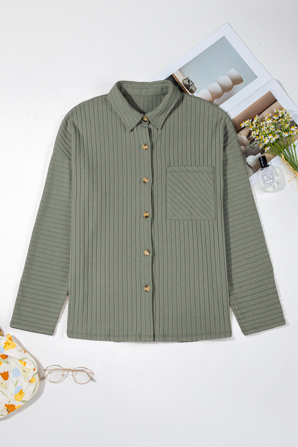 Mist Green Thermal Ribbed Texture Drop Shoulder Button Up Shacket - loveforevers
