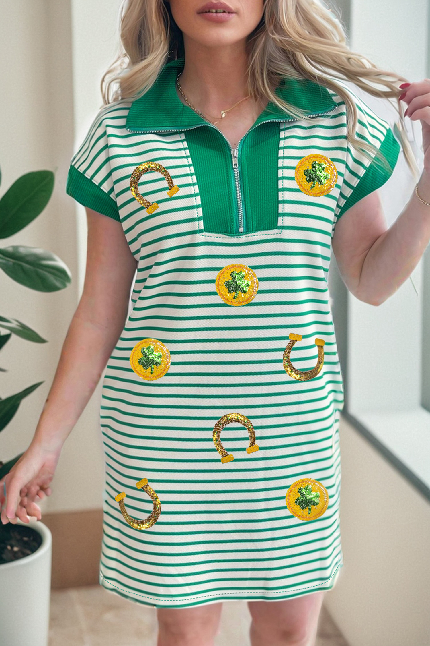 Green Stripe Magic St Patricks Day Sequin Graphic Zip Polo Tee Dress - loveforevers