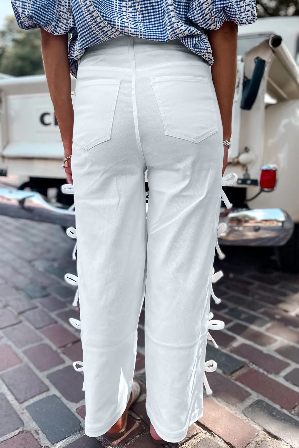 White Bow Knot Side Detail Straight Leg Loose Jeans - loveforevers
