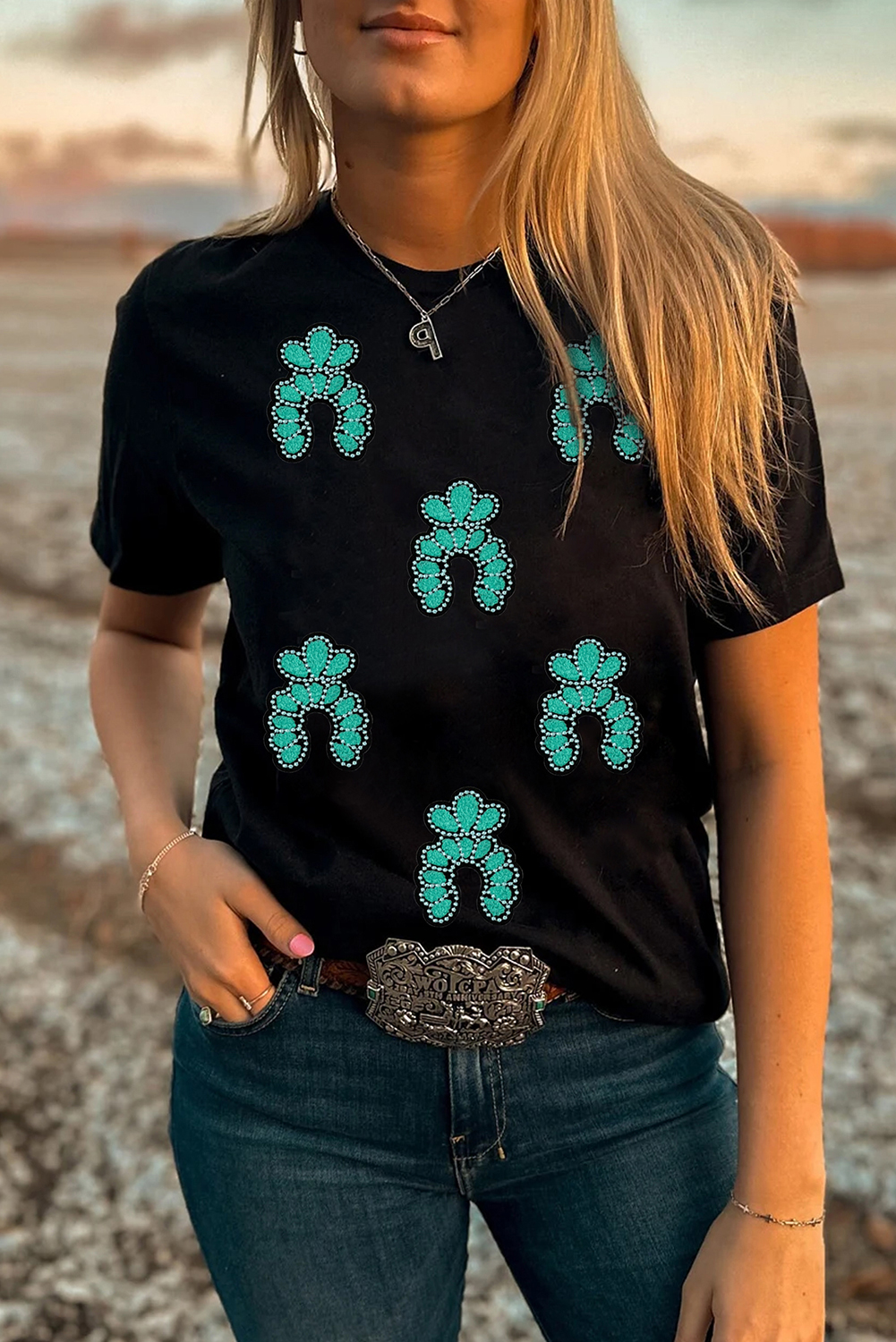Black Western Turquoise Pattern Sequin Patched T Shirt - loveforevers