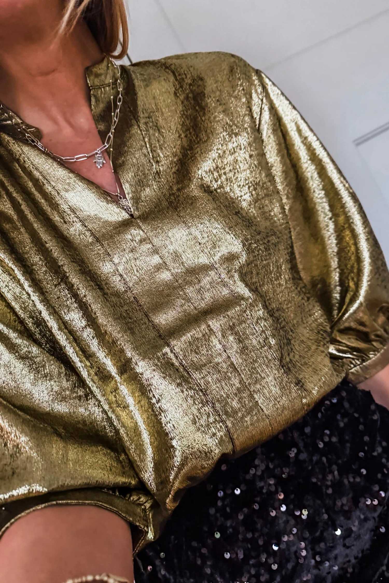 Apricot Metallic Round Neck Smocked Long Sleeve Blouse - loveforevers