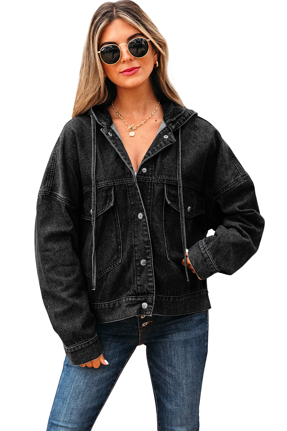 Black Big Chest Pocket Drop Shoulder Hooded Denim Jacket - loveforevers