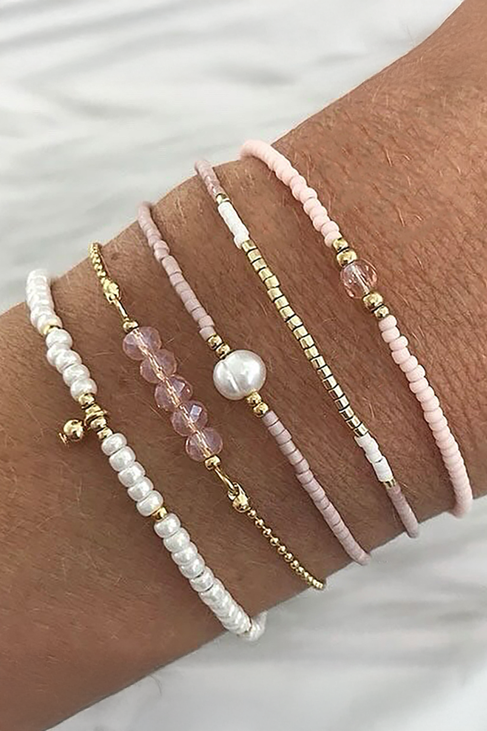 Pink Pearl Crystal Bead Detail 5pcs Elastic Bracelet Set - loveforevers