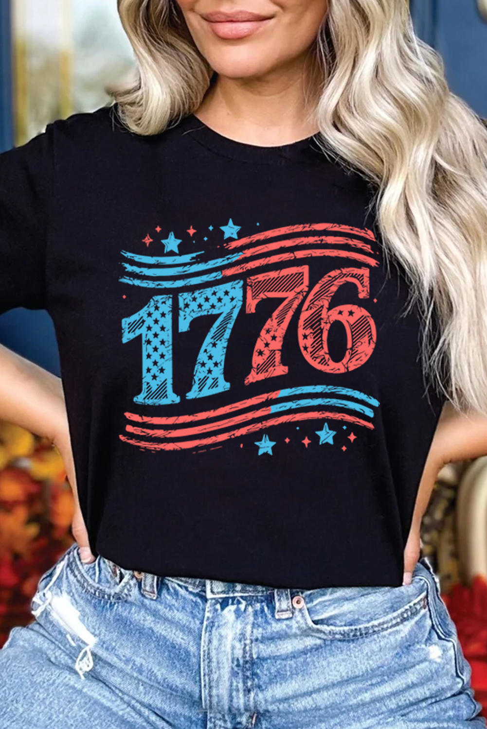 Black 1776 American Flag Theme Print Crew Neck T Shirt - loveforevers