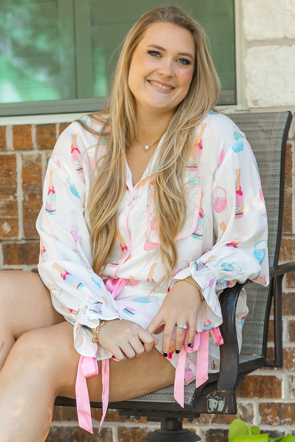 White Christmas Wine Glass Print Bow Knot Two Piece Pajama Set - loveforevers