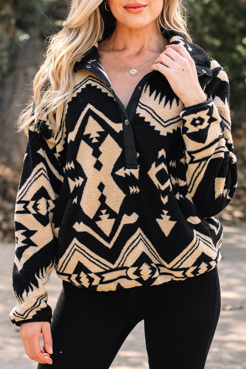 Black Western Aztec Half Placket Plush Sweatshirt - loveforevers