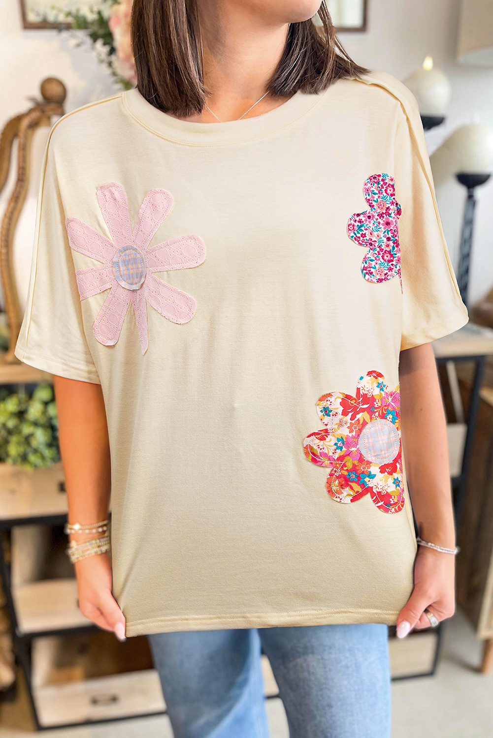 Apricot Flower Patched Exposed Stitching Trim Crew Neck Loose Tee - loveforevers