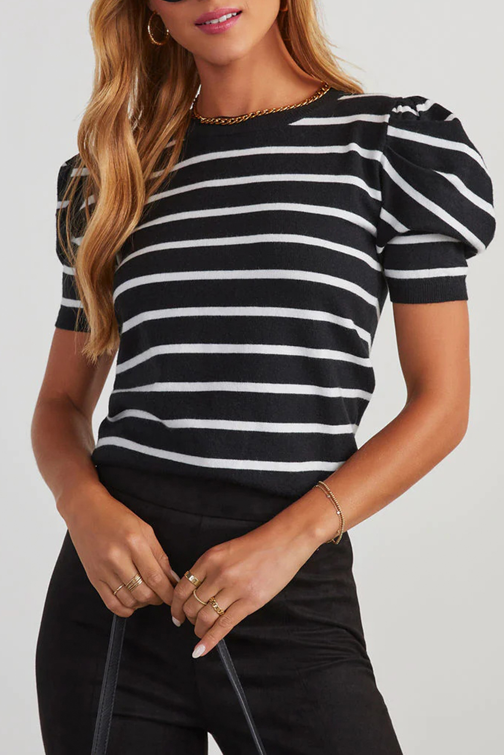 Blue Stripe Ribbed Trim Round Neck Bubble Sleeve Knitted Top - loveforevers