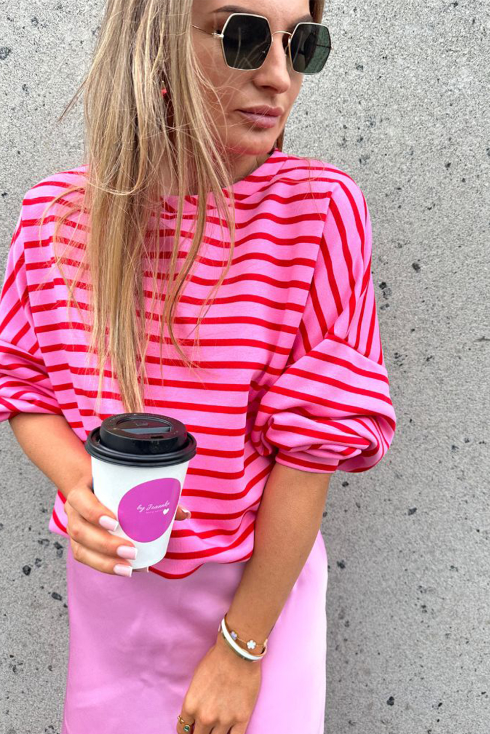Sachet Pink Striped Print Crew Neck Drop Shoulder Sweatshirt - loveforevers
