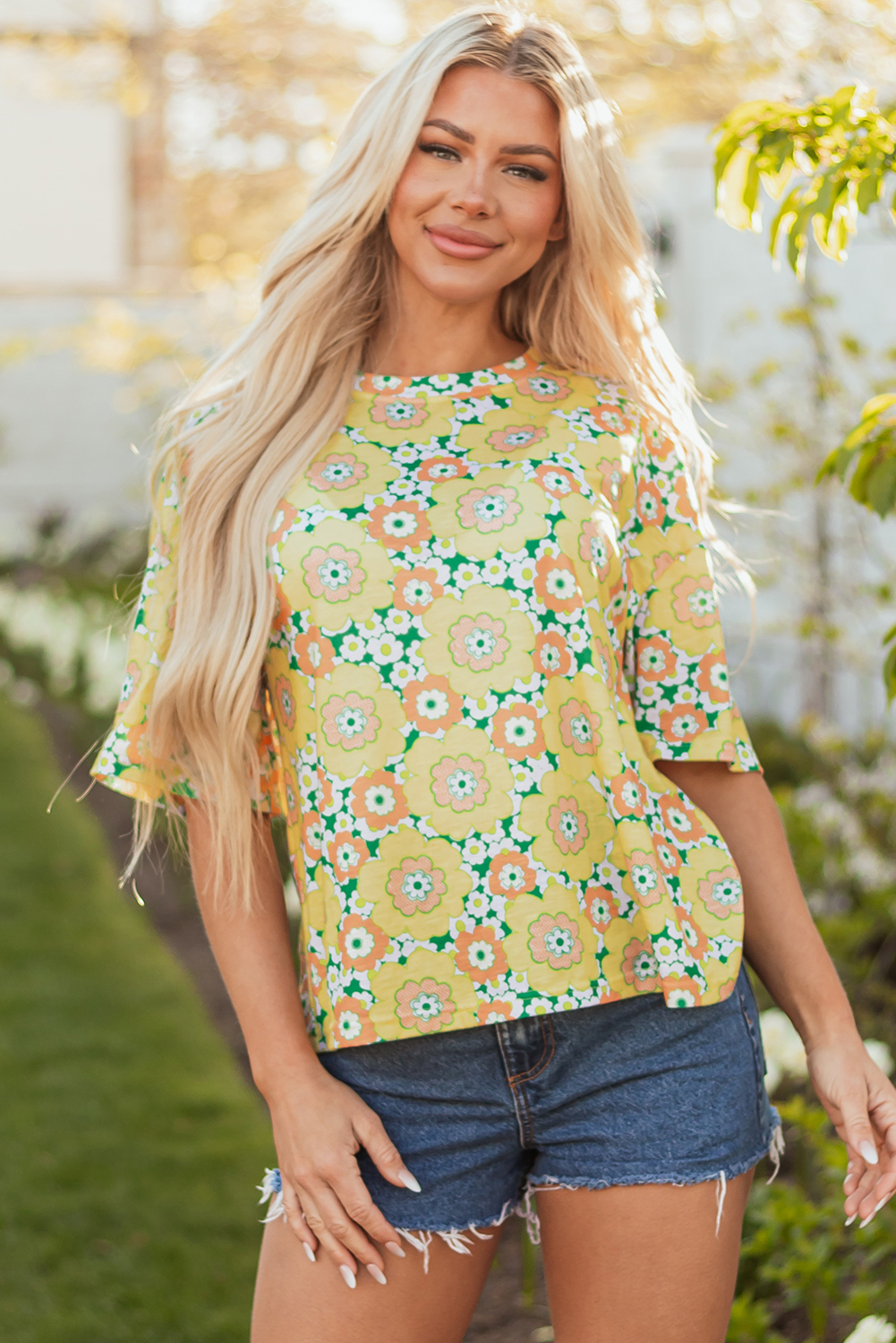 Yellow Summer Flower Printed Drop Shoulder Loose T Shirt - loveforevers
