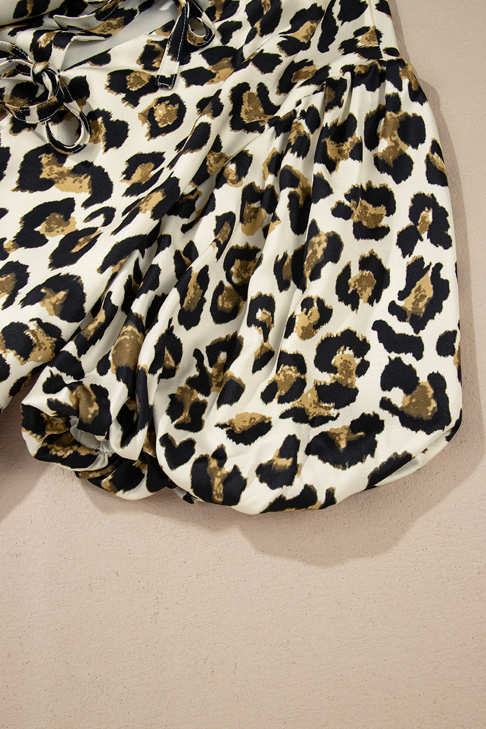 Apricot Leopard Bubble Sleeve Bow Tie Front Peplum Blouse - loveforevers