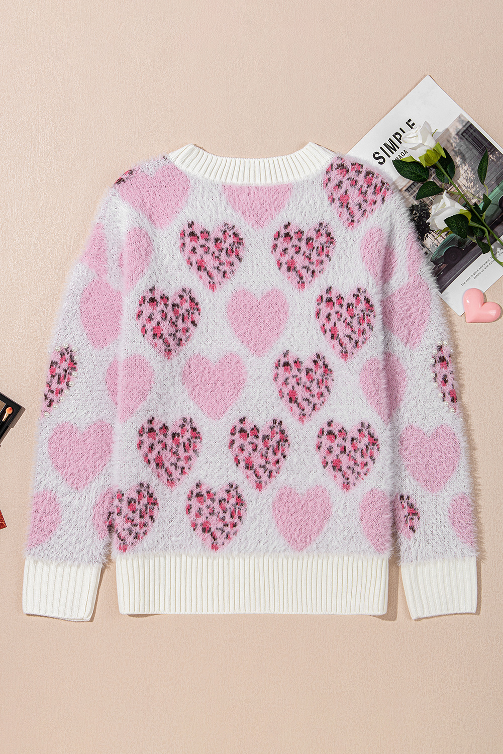 Pink Heart Leopard Print Pearled Ribbed Trim Fuzzy Sweater - loveforevers